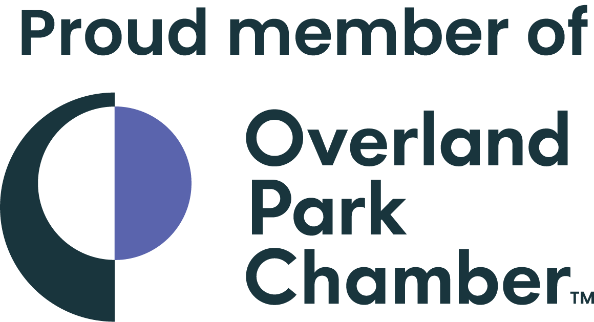 Logo with the text "Proud member of Overland Park Chamber" next to a circular graphic with a purple semicircle on the right side.