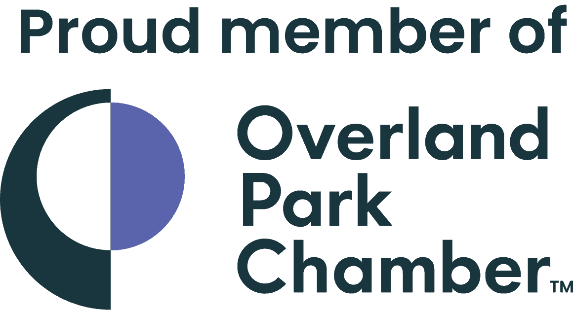 Logo with the text "Proud member of Overland Park Chamber" next to a circular graphic with a purple semicircle on the right side.