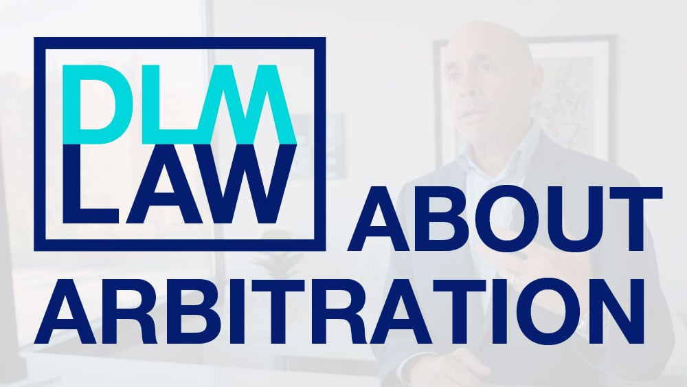 Logo for DLM Law with the text "About Arbitration" over a faded background of a person.