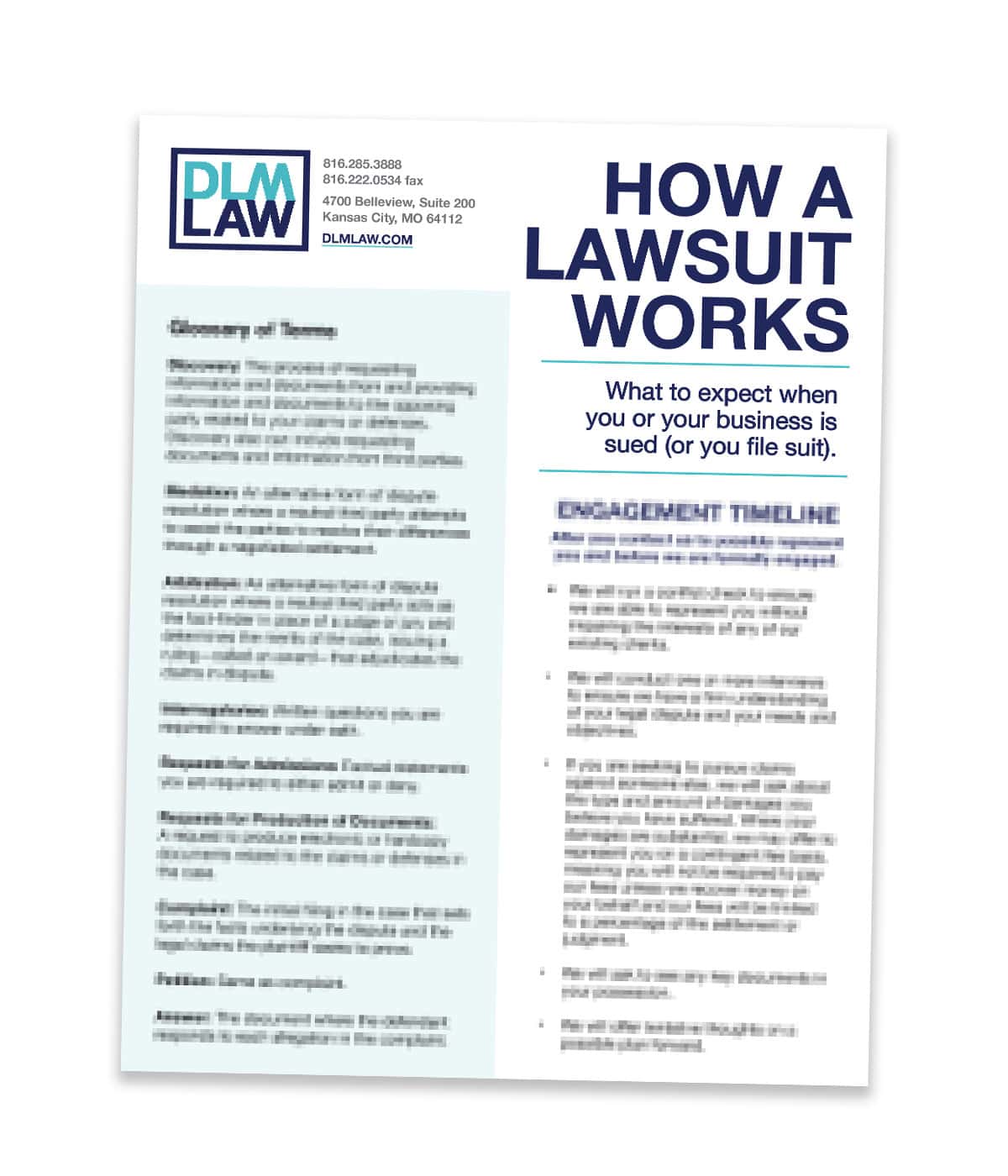 A brochure titled "How a Lawsuit Works" from DLM Law, outlining what to expect if your business is sued or files suit, with sections on terms and an engagement timeline.