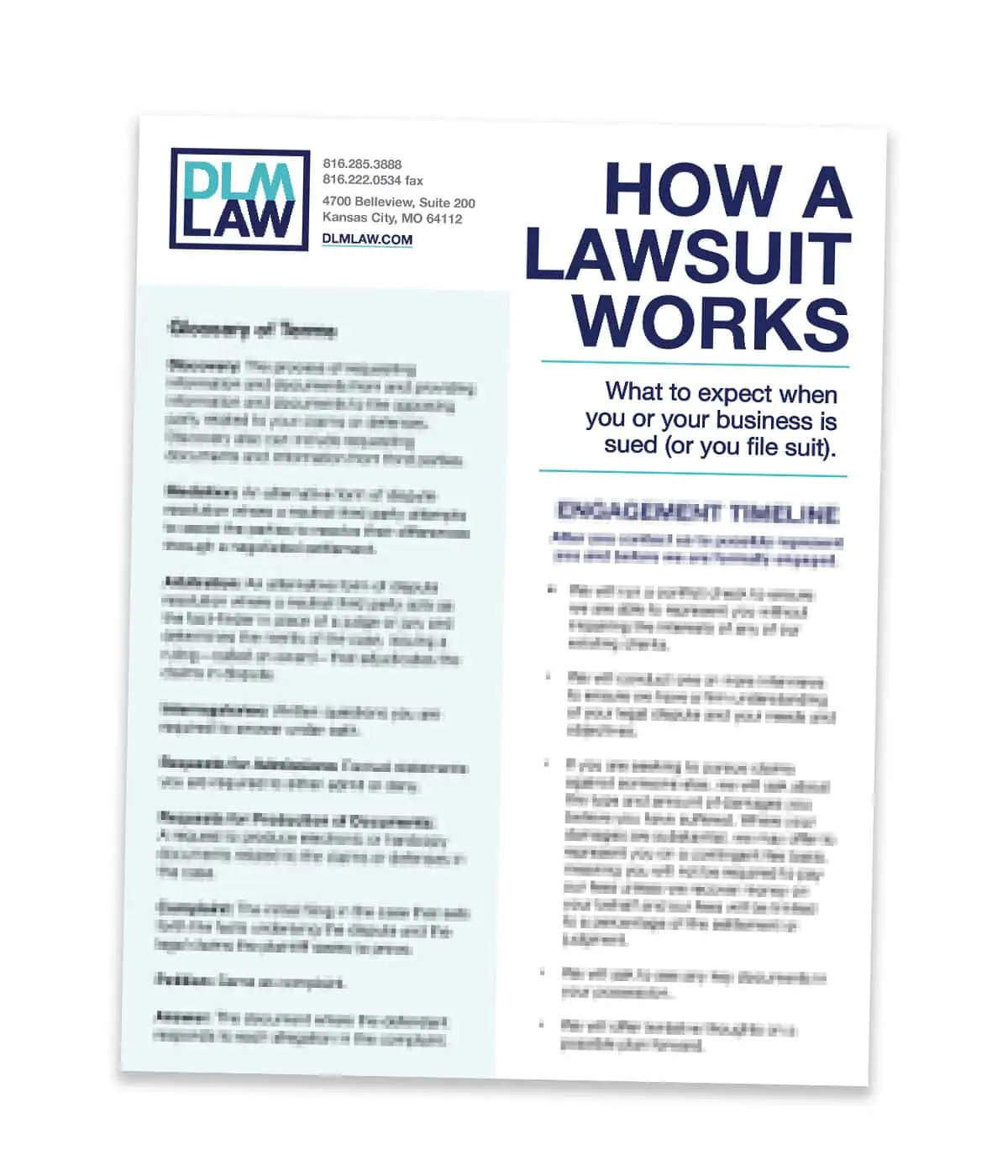 dlm-lm-mockup2 A brochure titled "How a Lawsuit Works" from DLM Law, outlining what to expect if your business is sued or files suit, with sections on terms and an engagement timeline.